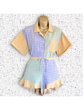 Pastel Gingham Patchwork Colorblock Seersucker Cottagecore Lounge Set Ghanda M